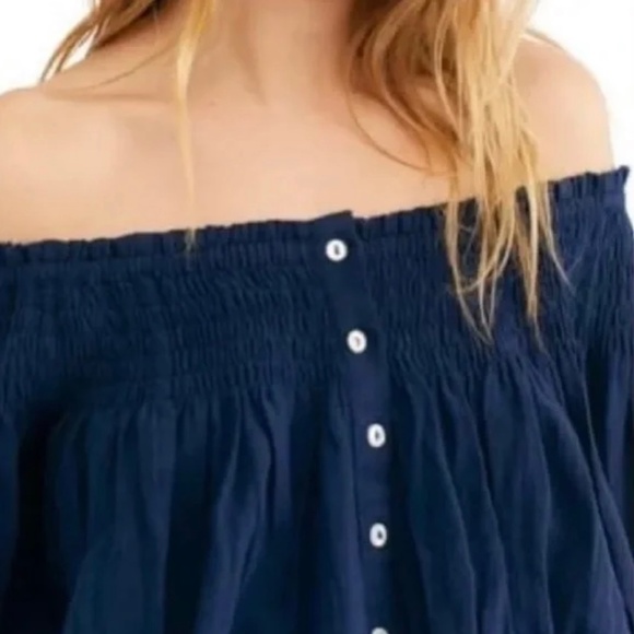 Like New [We The Free ✵ People] Navy Blue Off Shoulder Smocked Crop Top | Small - Picture 12 of 15